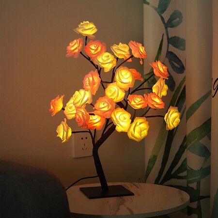 Table Flower Tree Rose Lamp Fairy Bonsai Tree Desk Light for Women (White)