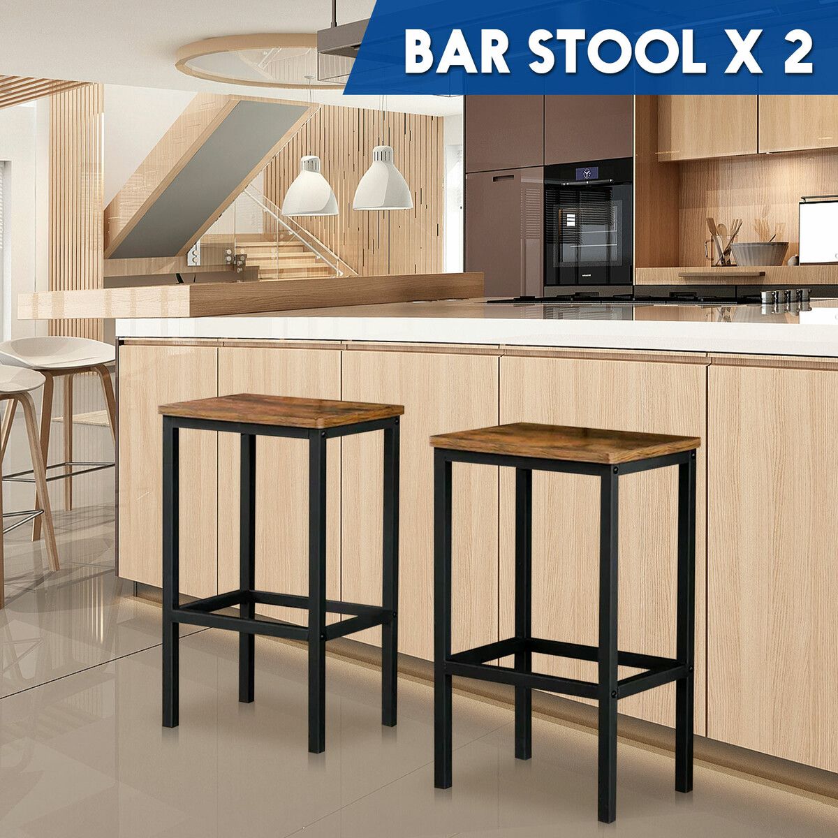 2 Bar Kitchen Stools Dining Room Counter Breakfast Chairs Plant Flower Pot Stand Modern Bench Seat Wooden Top Metal Legs