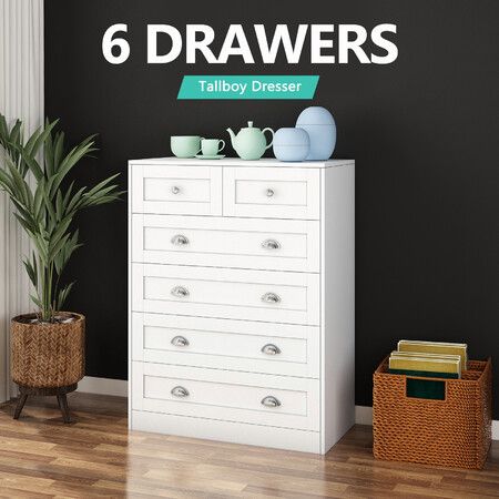 Chest of 6 Drawers Dresser White Bedside Bed Side Tallboy Hallway Table Storage Cabinet Nightstand Sofa Bedroom Pantry Hallway Furniture White 