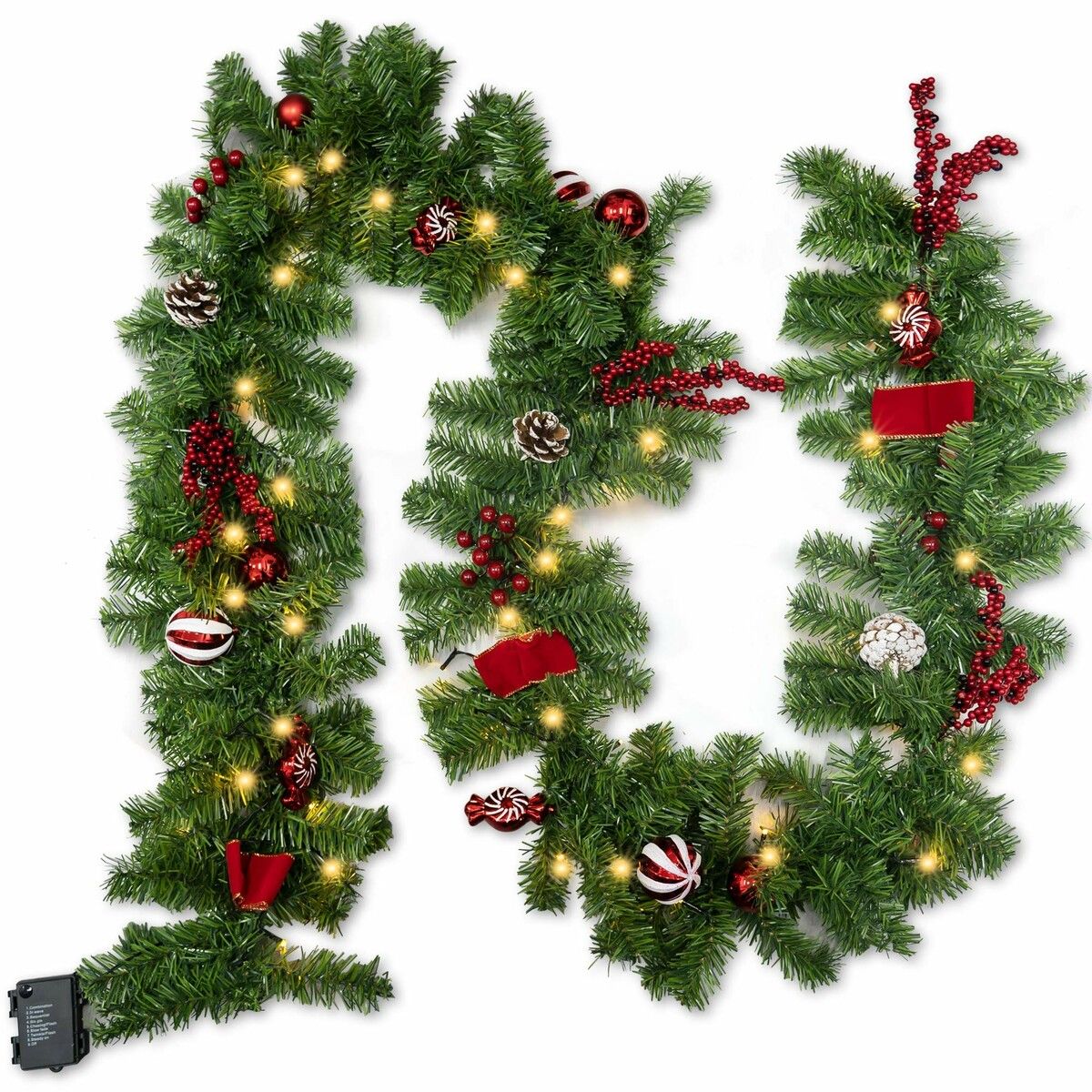 2.7m Christmas Artificial Garland with 50 LED Light Pinecone Wreath Flocked with Mixed Decorations Door Christmas Party