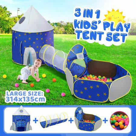 Kids Pop Up Tent Ball Pit Basketball Hoop Dollhouse Indoor Playground Teepee Playhouse Princess Castle Crawl Tunnel Outdoor Playset Blue