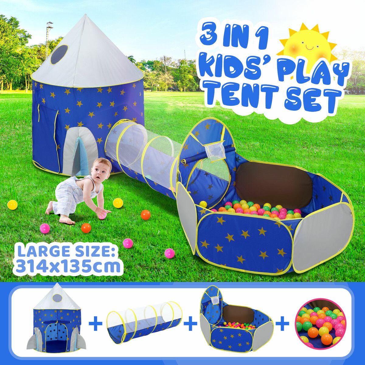 Kids Pop Up Tent Ball Pit Basketball Hoop Dollhouse Indoor Playground Teepee Playhouse Princess Castle Crawl Tunnel Outdoor Playset Blue