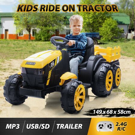 Kids Ride on Tractor Remote Control 12V Battery Electric Car Toy Vehicle Trailer MP3 Player Safety Belt LED Light Yellow