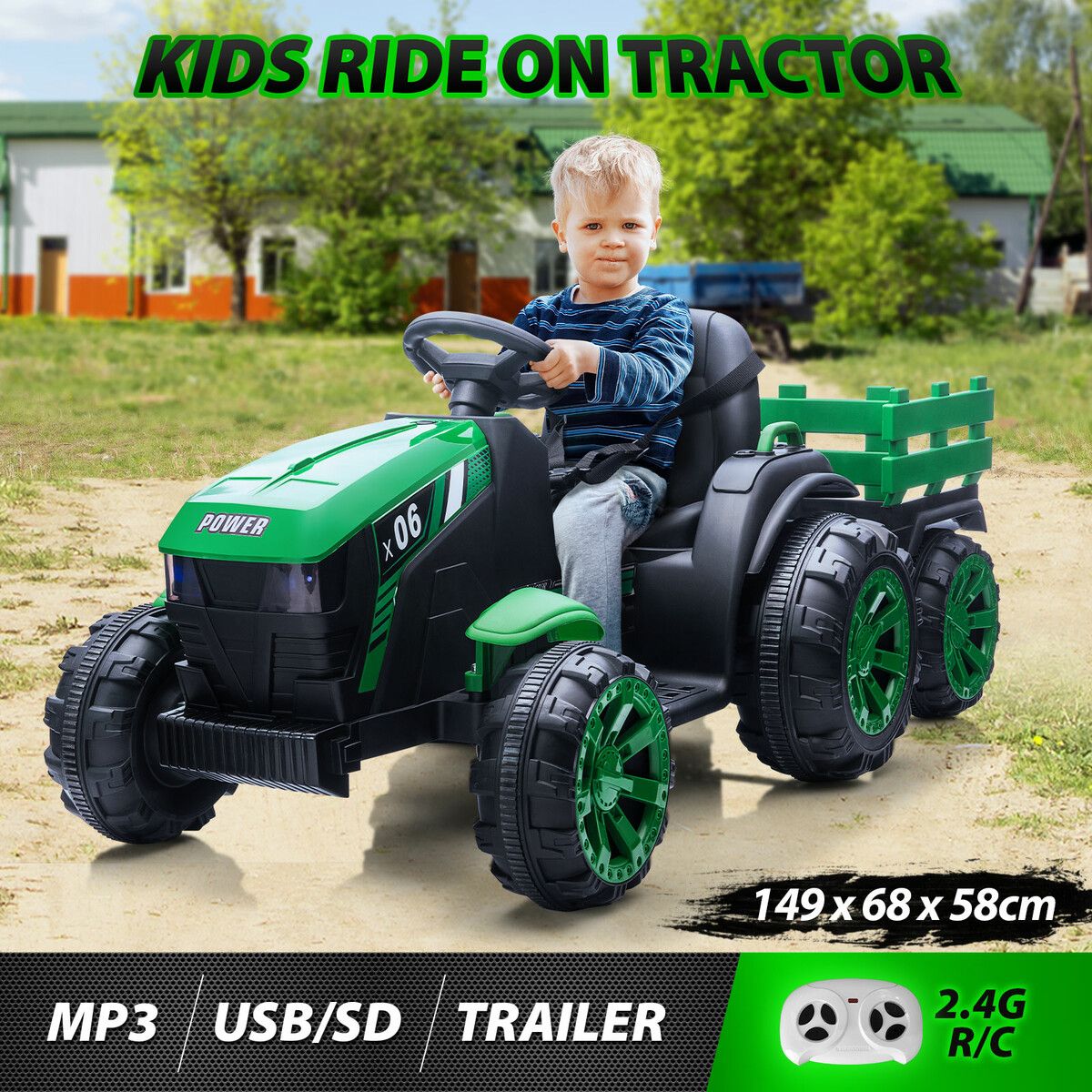 Kids Ride on Car Remote Control Electric Tractor Toy Vehicle Trailer 12V Battery MP3 Player Safety Belt LED Light Green