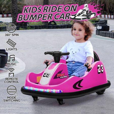 Kids Bumper Car With Remote Control Electric Ride On Toy Race Vehicle DIY Sticker Music LED 360 Degree Spin Twin Motor Pink