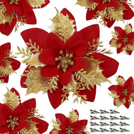 10 PCS Red Poinsettia Flower Artificial Tree Pointsettia with Clips Christmas Decor Glitter Ornaments