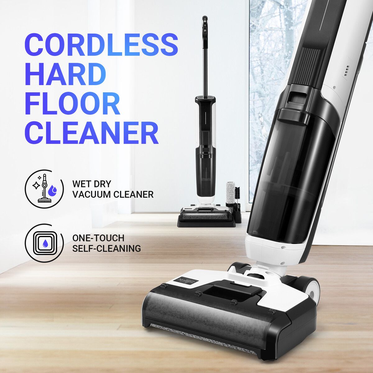 Cordless Vacuum Cleaner Hard Floor Vac Cleaner Wet and Dry Smart Self Cleaning Machine Portable Dual Tanks 