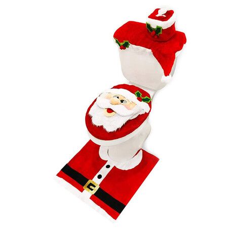 Christmas Santa Theme Bathroom Decoration Set Includes Toilet Seat Cover, Tank Cover