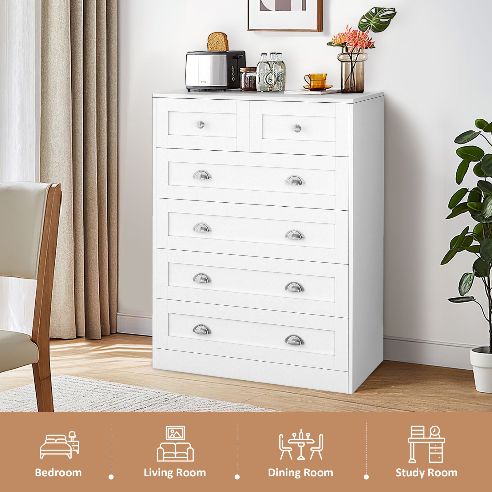 Chest of 6 Drawers Dresser White Bedside Bed Side Tallboy Hallway Table ...