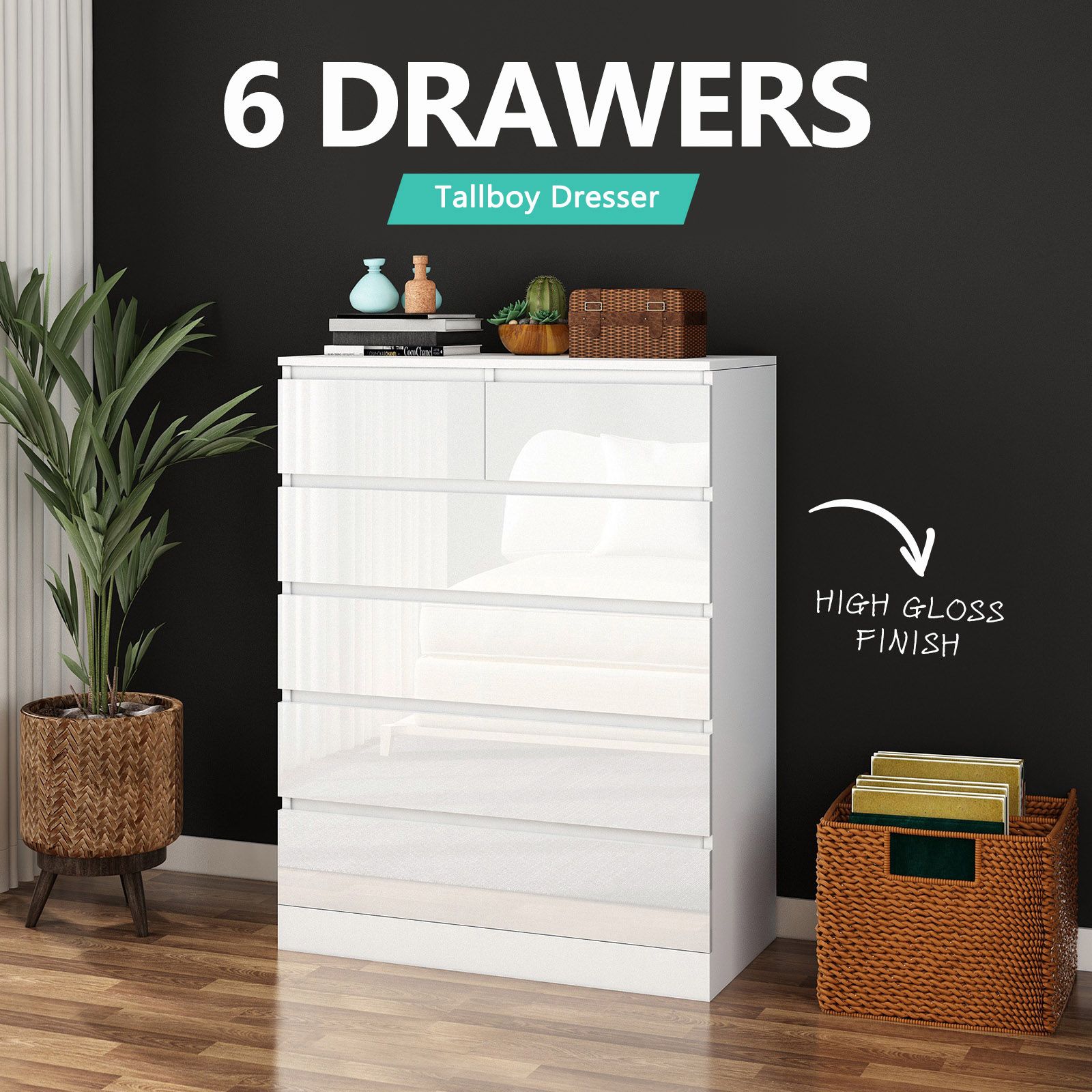 6 Drawers Chest Dresser White Bedside Table Tallboy Storage