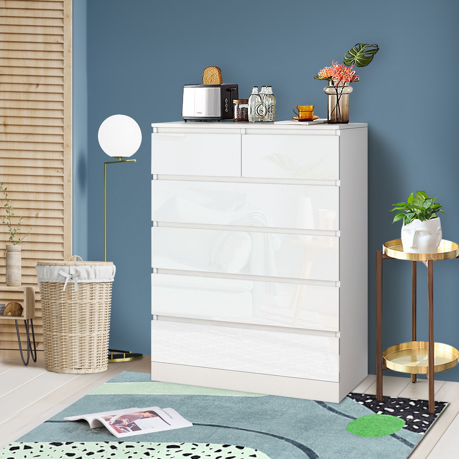 6 Drawers Chest Dresser White Bedside Table Tallboy Storage Cabinet ...