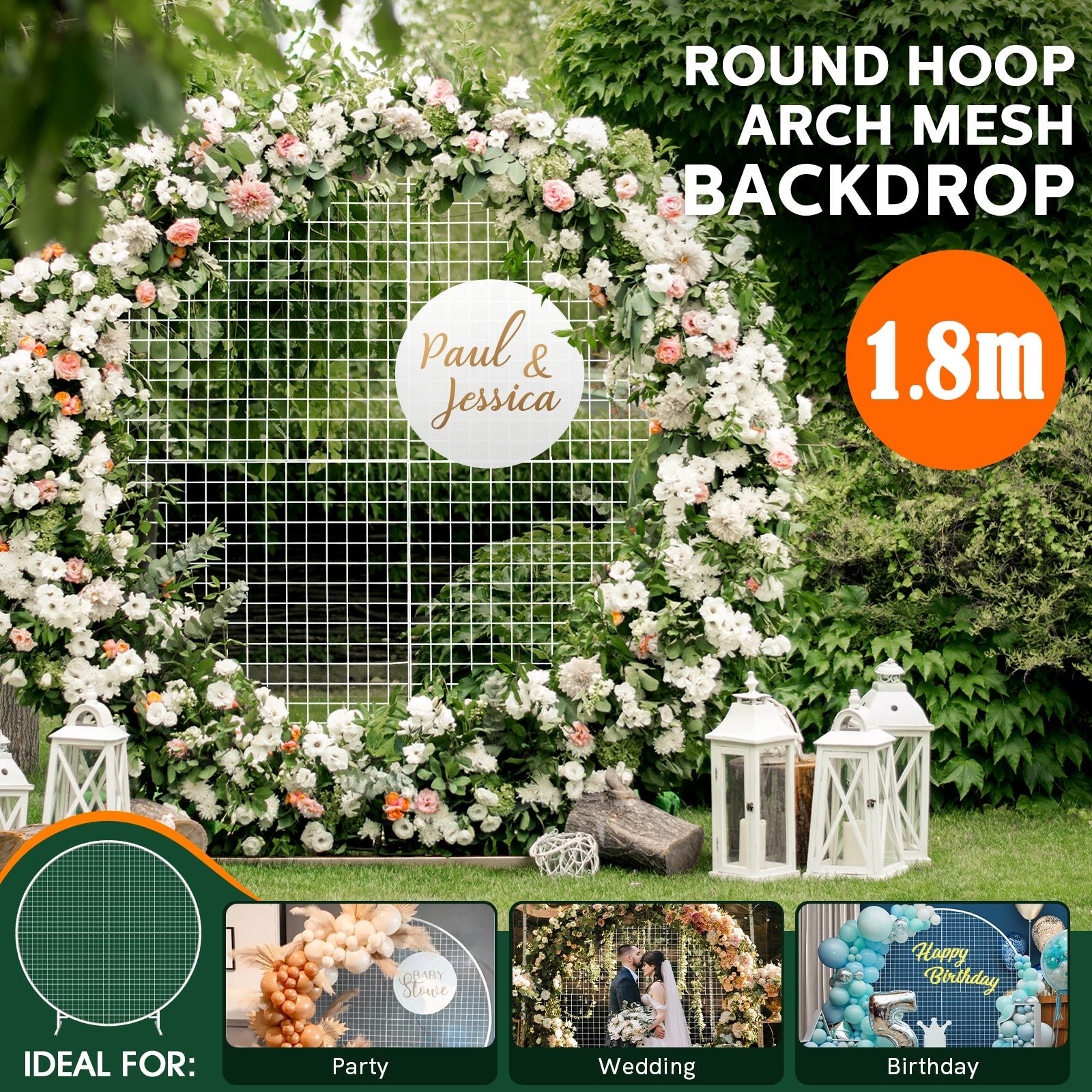 1.8M Wedding Party Arch Mesh Backdrop Stand White Round Hoop Decoration Circle Metal Frame Photo Balloon Flower Display