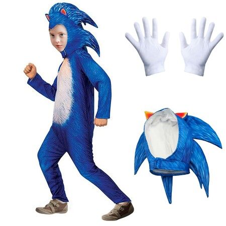 Kids Blue Sonic Costume Jumpsuit for Kids Boys Girls Aged 3-14 with Gloves and Headgear Outfits Cap