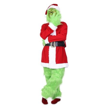 Green Deluxe Monster Costume for Men 7PCS Adult Santa Suit Set Furry Christmas Santa Claus Outfit Size L