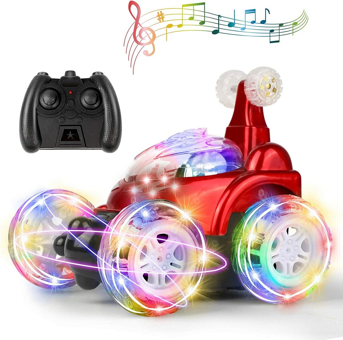 Remote Control Car RC Stunt Car Invincible 360°Rolling Twister with Colorful Lights & Music Switch Boys and Girls (Red)