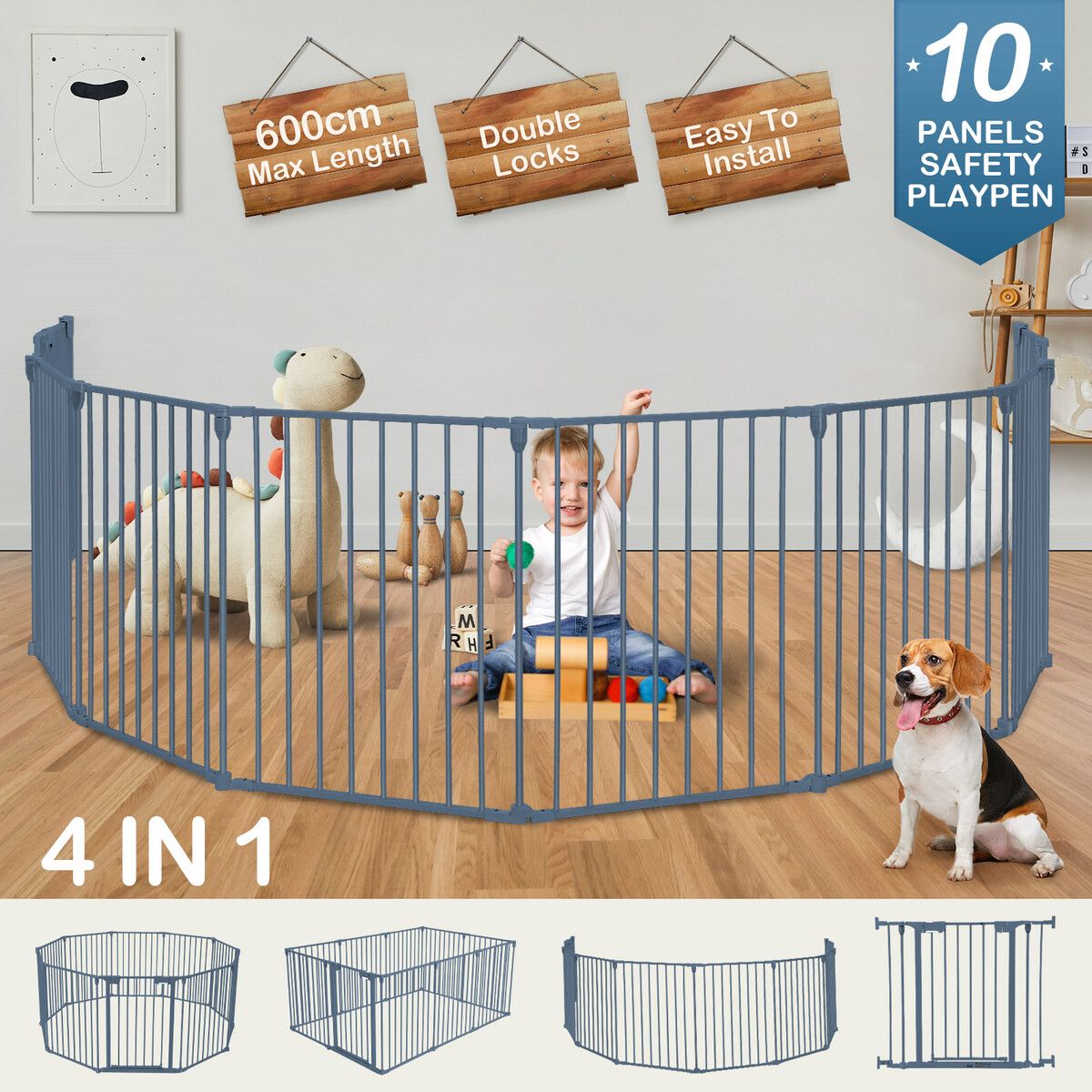 Pet Dog Playpen Safety Gate Kids Activity Centre Puppy Enclosure Pen Stair Barrier Fence Fireplace Guard Outdoor Indoor 10 Panels