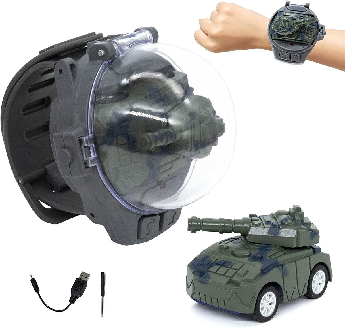 Toy Mini Remote Control Watch Car 2.4 GHz Cute Racing with LED Light USB Charging Silicone Watchband (Tank Army Green)