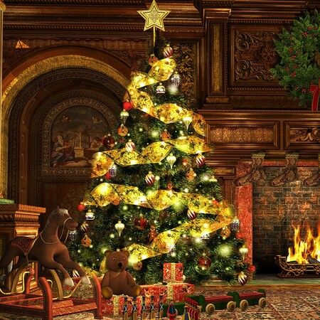 Christmas Tree Ribbon Xmas Fairy Lights, Battery Operated Decoration for Xmas Party Decorations (Gold Ribbon, Warm Yellow Light)