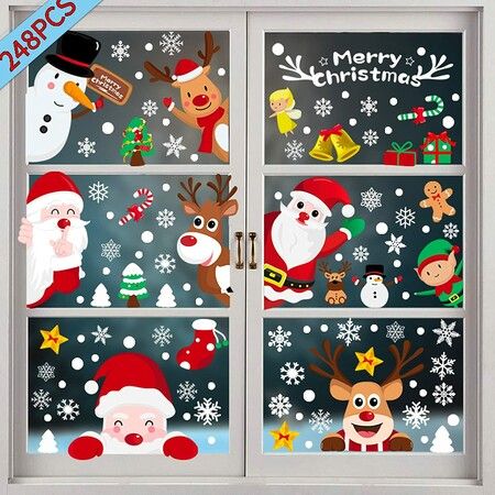 248 Pcs Christmas Window Clings Snowflakes Christmas Decorations Double Sided Static Cling Window
