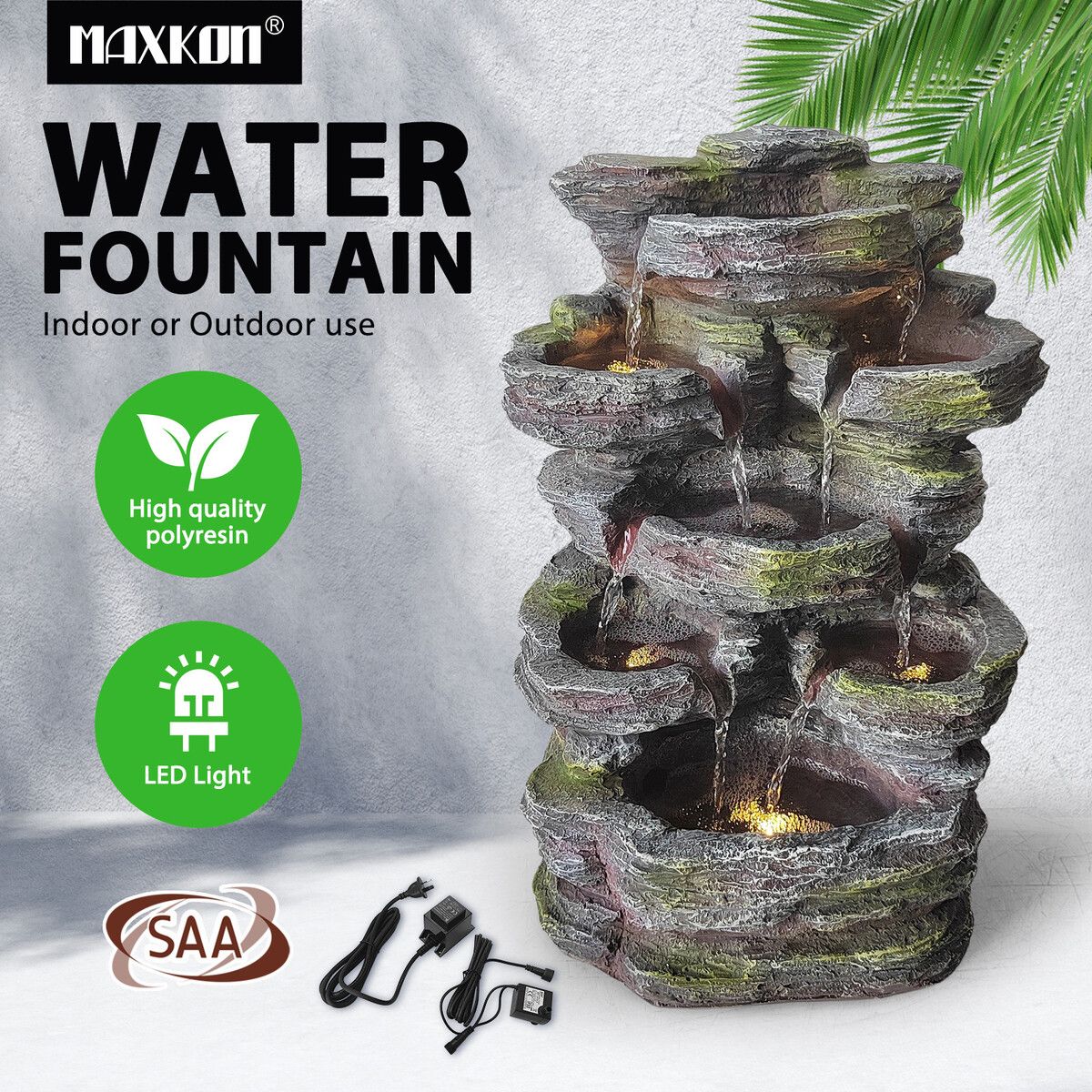 Garden Water Feature Fountain Rocky Waterfall LED Lights Submersible Pump Outdoor Indoor Backyard Balcony Home 5-Tier 46cm