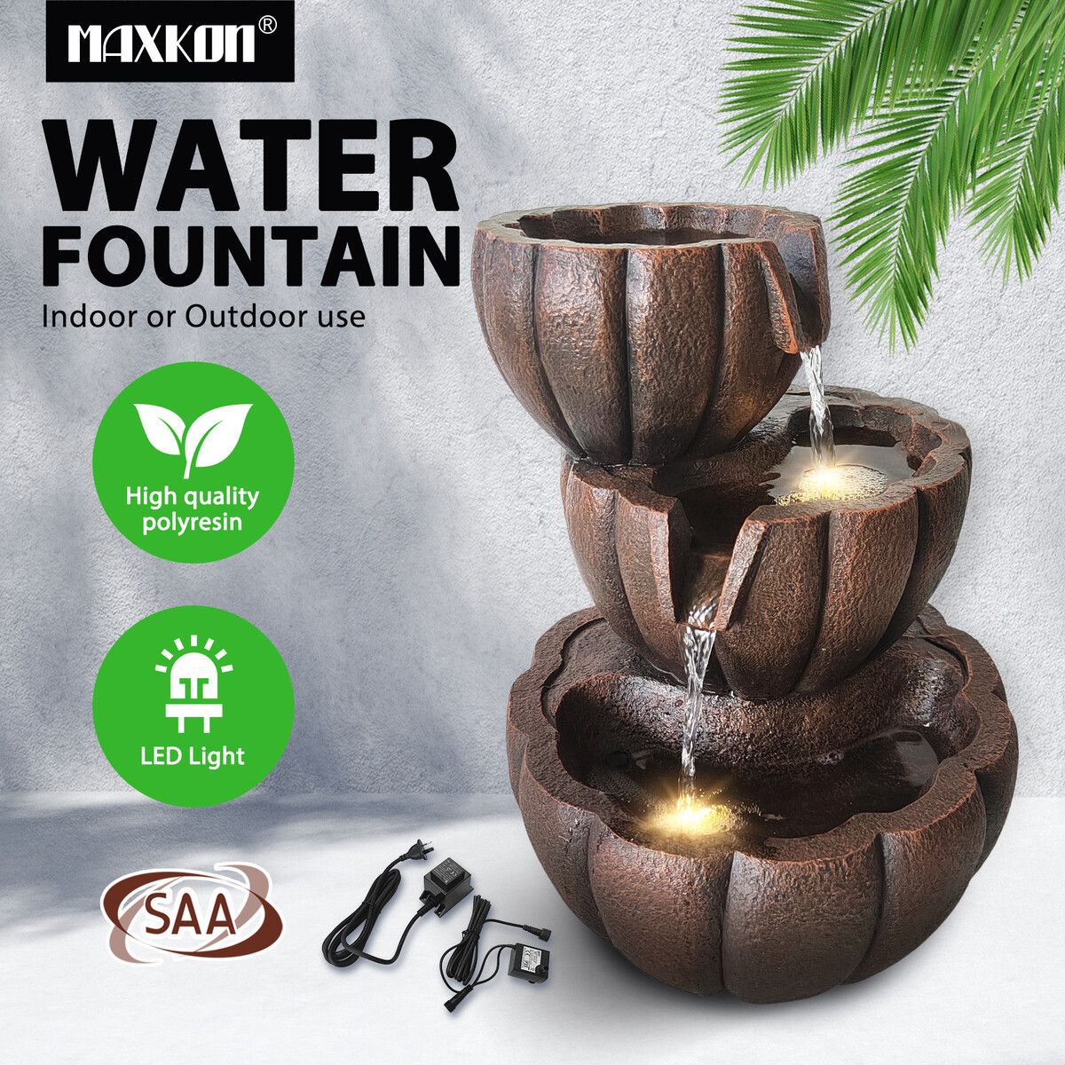 Garden Water Feature Fountain Cascading Outdoor Bowl LED Lights Submersible Pump Indoor Home Balcony Rustic Polyresin 3-Tier 39.5cm