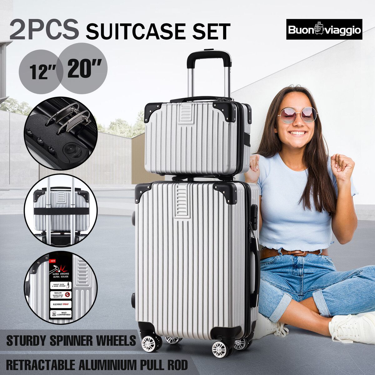 2 Piece Luggage Set Carry On Travel Suitcases Hard Shell Lightweight Traveller Checked Rolling Travelling Trolley Vanity Bag 