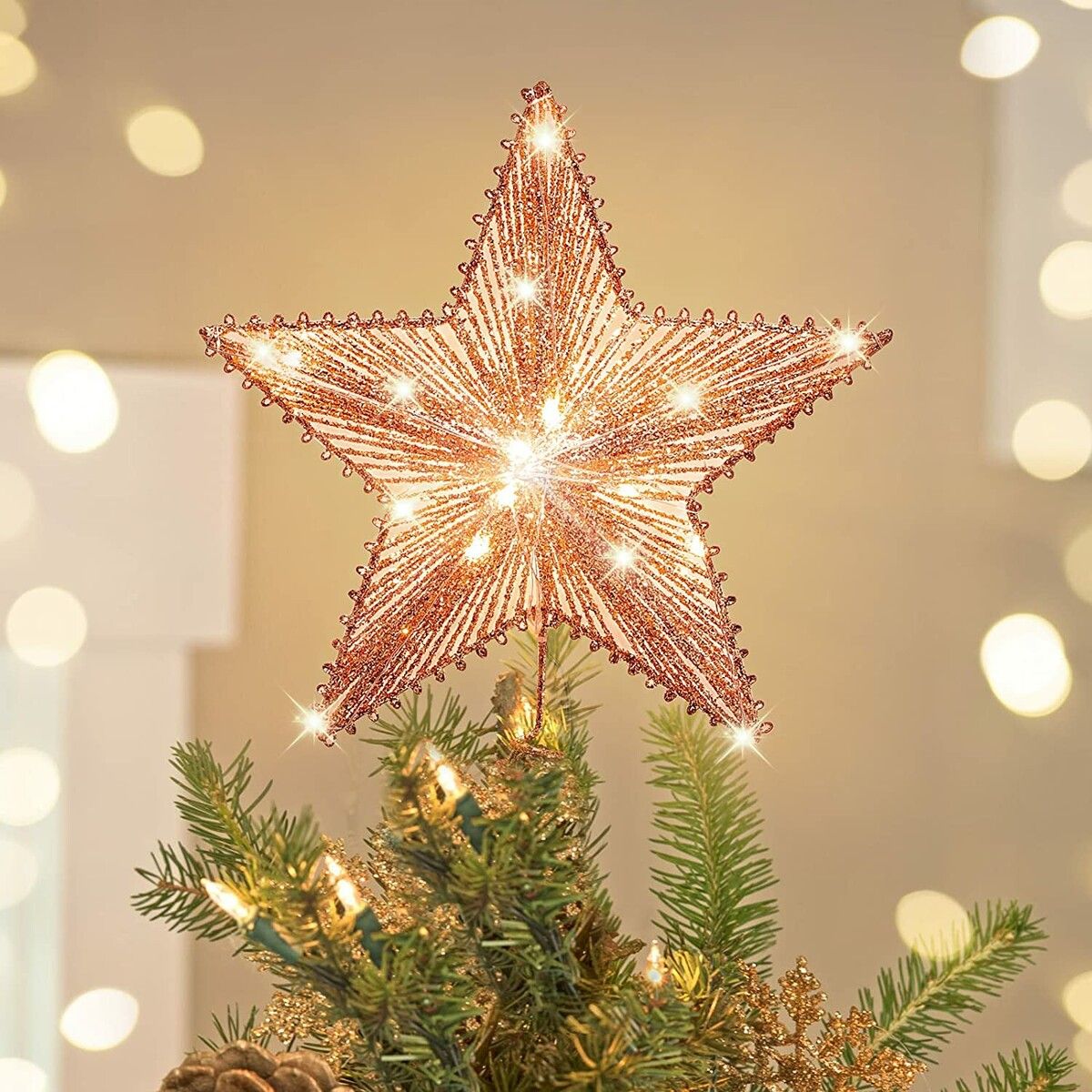 Christmas Star Tree Topper, Glitter 3D Star Tree Top with LED Lights for Christmas Tree Decoration and Holiday Seasonal Decor - Rose Gold