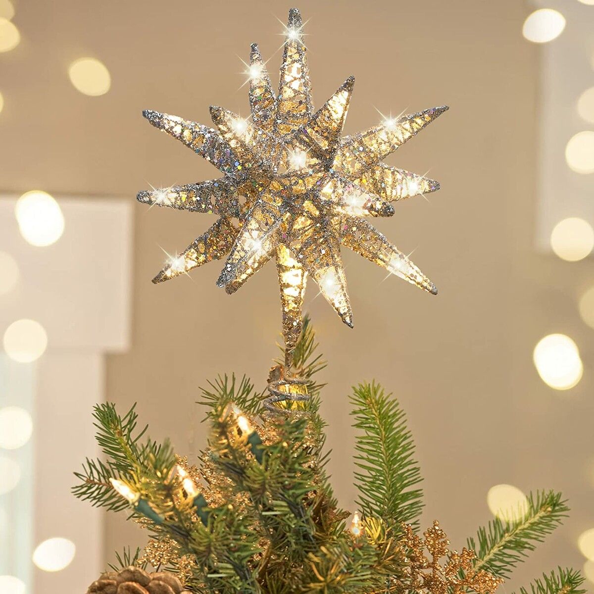 Christmas Tree Topper, Lighted Up Tree Topper 3D Geometric Star Glitter Tree Topper Battery Powered Brilliant Christmas Tree Top, Seasonal Lighting Christmas Tree Decoration, Silver