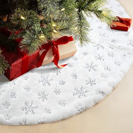 48 Inches Christmas Tree Skirt for Xmas Tree Holiday Party Decoration White Plush Gold Sequin Snowflake (Silver)