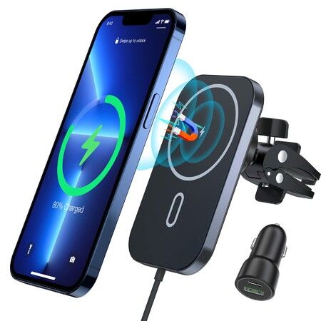 Magnetic Wireless Car Charger 360°Adjustable Auto Alignment Air Vent Compatible with-Mag Safe iPhone 14/13/12 Pro Max Mini(with Car Adapter)