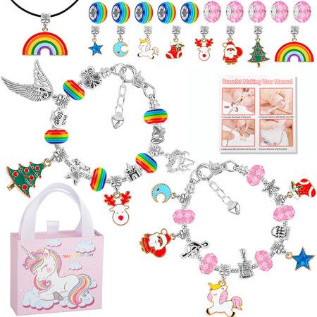 33 Pcs Charm Bracelet Jewelry Making Kit DIY Craft Rainbow Santa Elk Beaded for Arts Gril Gift for Teen Kids Ages 5+