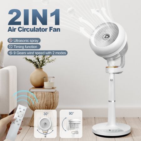 2in1 Air Circulator Fan Electric Pedestal Cooling Atomization Floor Portable Standing White Quiet Oscillating Remote 2 Wind Modes 9 Speeds Bedroom Office