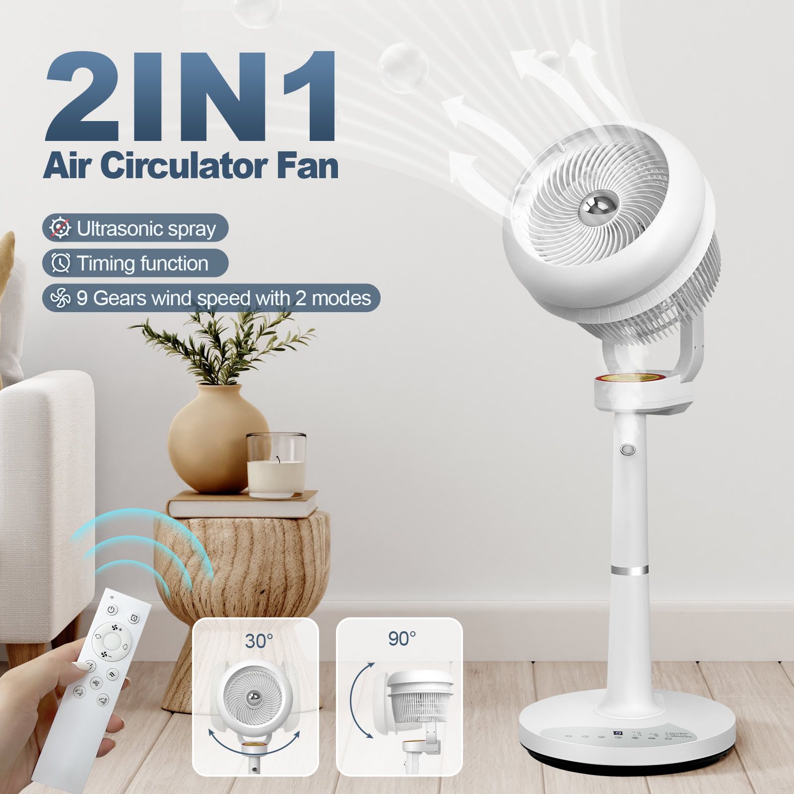 2in1 Air Circulator Fan Electric Pedestal Cooling Atomization Floor Portable Standing White Quiet Oscillating Remote 2 Wind Modes 9 Speeds Bedroom Office