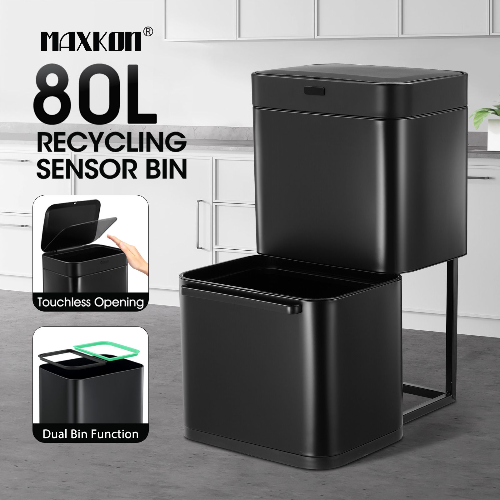 Dual Rubbish Bin Recycling 80L Kitchen Waste Dust Garbage Trash Can Motion Sensor Stainless Steel Household Container Black