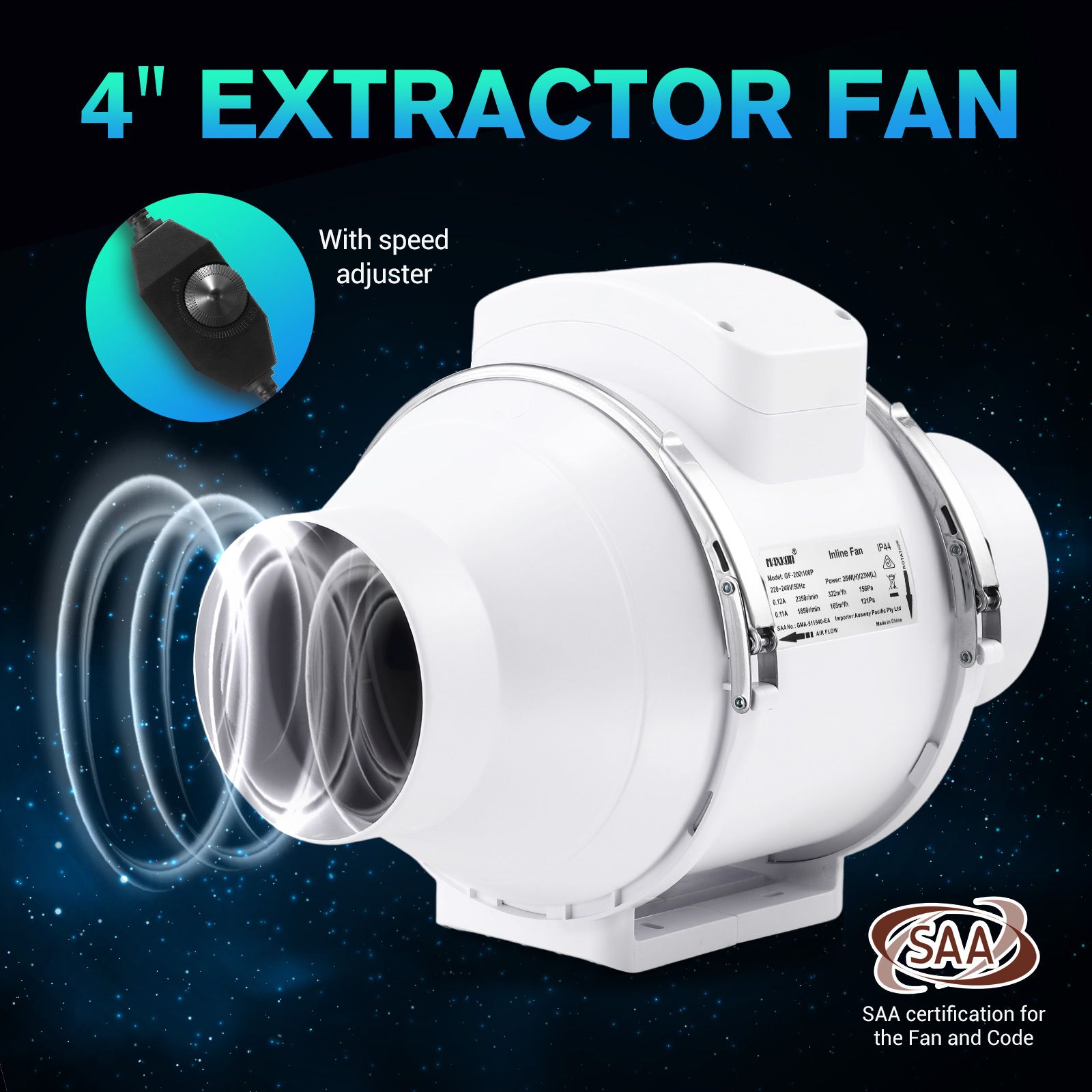 Inline Extractor Fan Exhaust Duct Bathroom Kitchen Room Airflow Ventilator Ventilation System Industrial Commercial Quiet with Speed Controller