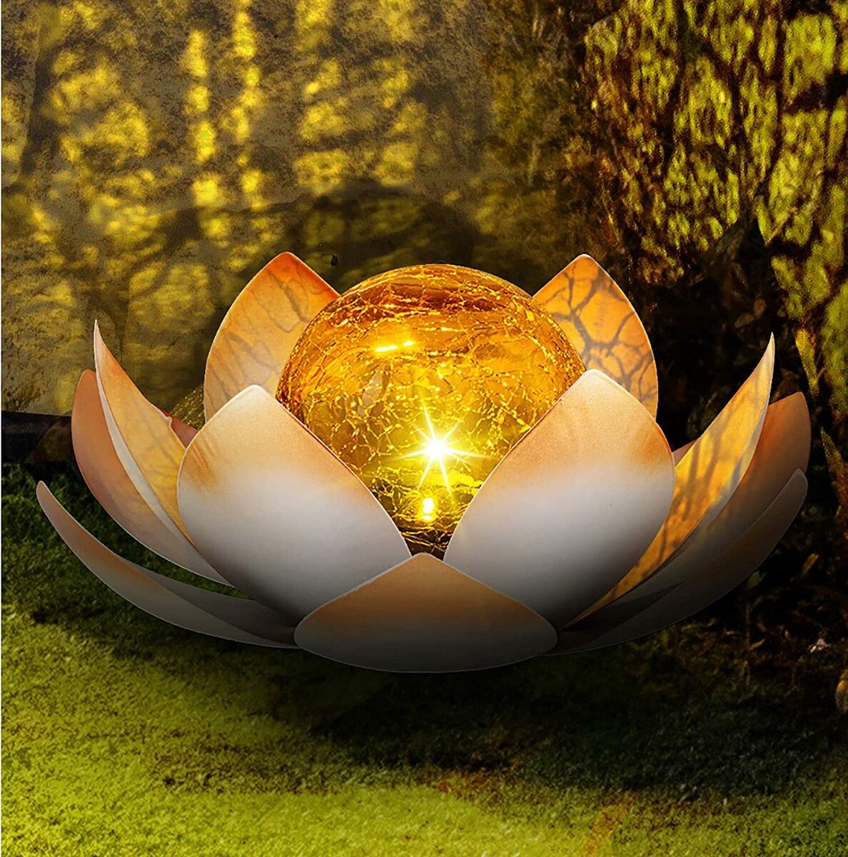 Solar Light Outdoor Metal Glass Decorative Waterproof Garden Light LED Lotus Flower Table Lamp (Orange)