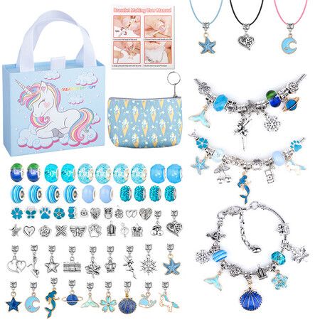 66 Pcs Charm Bracelet Jewelry Making Kit DIY Craft Rainbow Santa Elk Beaded for Arts Gril Gift for Teen Kids Ages 5+ (Blue)