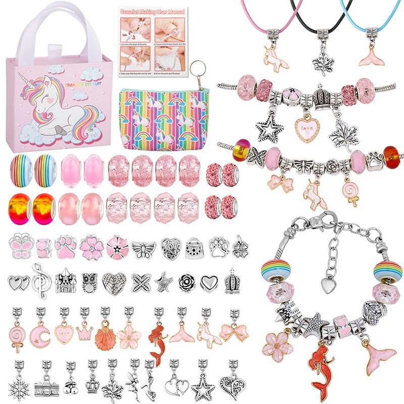 66 Pcs Charm Bracelet Jewelry Making Kit DIY Craft Rainbow Santa Elk Beaded for Arts Gril Gift for Teen Kids Ages 5+(Pink)