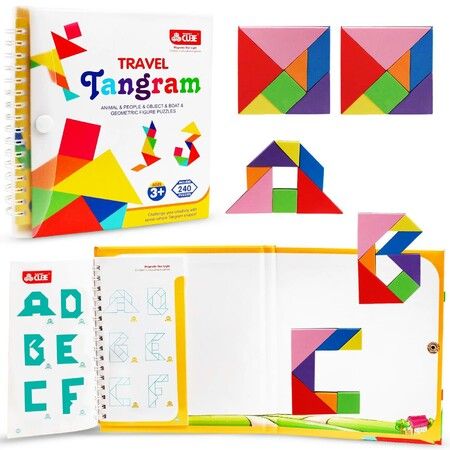 Travel Tangram Puzzle with Magnetic Plate Montessori Shape Pattern Blocks Road Trip Travel Games IQ Educational Toy for Kids Age 3+