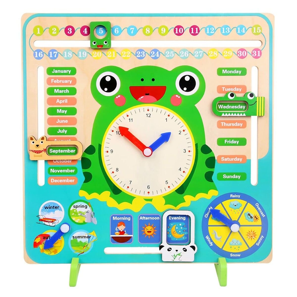 Montessori Wooden Toys Learning Clock Multifunctional Wooden Frog Teaching Clock Calendar Weather Season for Kids Age 3+