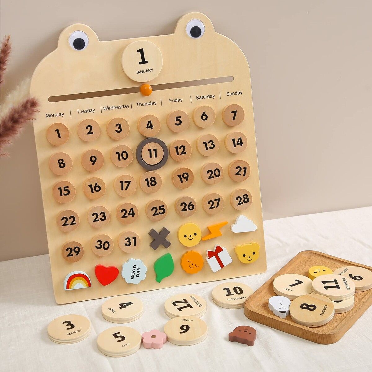 Wooden Magnetic Kids Calendar Toddler Preschool Montessori Calendar Kids Home Daily Learning Calendar Weather, Season, Time, Mood, Education Toys