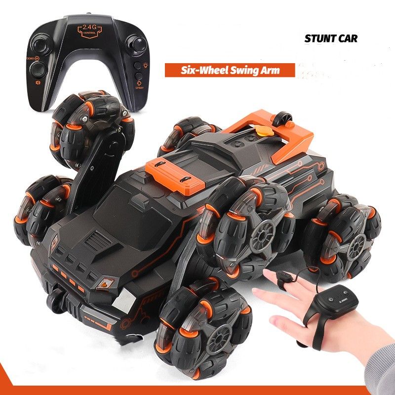 Remote Control Car 2.4 GHz Six-Wheel 4WD Gesture Sensor Stunt Car Arm Stunt Toy Car with Music Lights Spray Age 8+ (Orange)