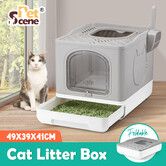 Cat Litter Box Enclosed Kitten Pet Toilet Training Kitty Enclosure Top Front Entry Removable Tray Large Furniture Scoop Collapsible Elegant Grey