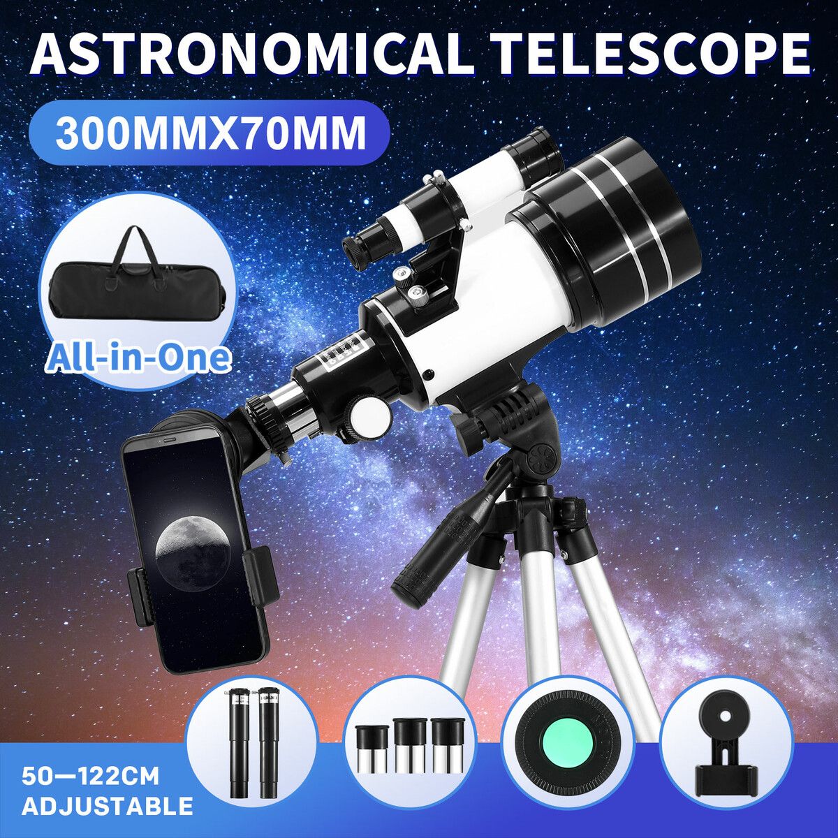 Space Telescope Astronomical Kids Adults Astronomy Beginners Monocular 30070 70mm Aperture 300 Focal Length 15X-150X Adjustable