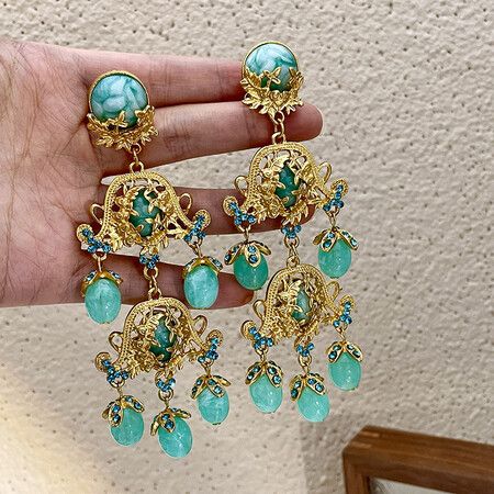 Vintage no-pierced palace style treasure tassel ear clip ancient color glass earrings stud clip no-pierced