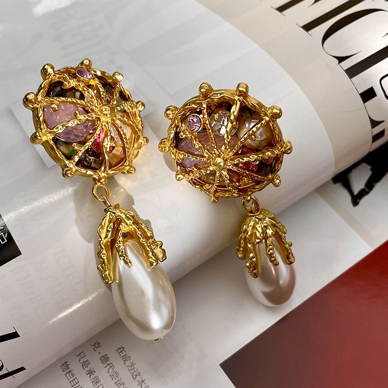 Niche retro  no-pierced palace style treasure tassel ear clip ancient color glass earrings stud clip no-pierced