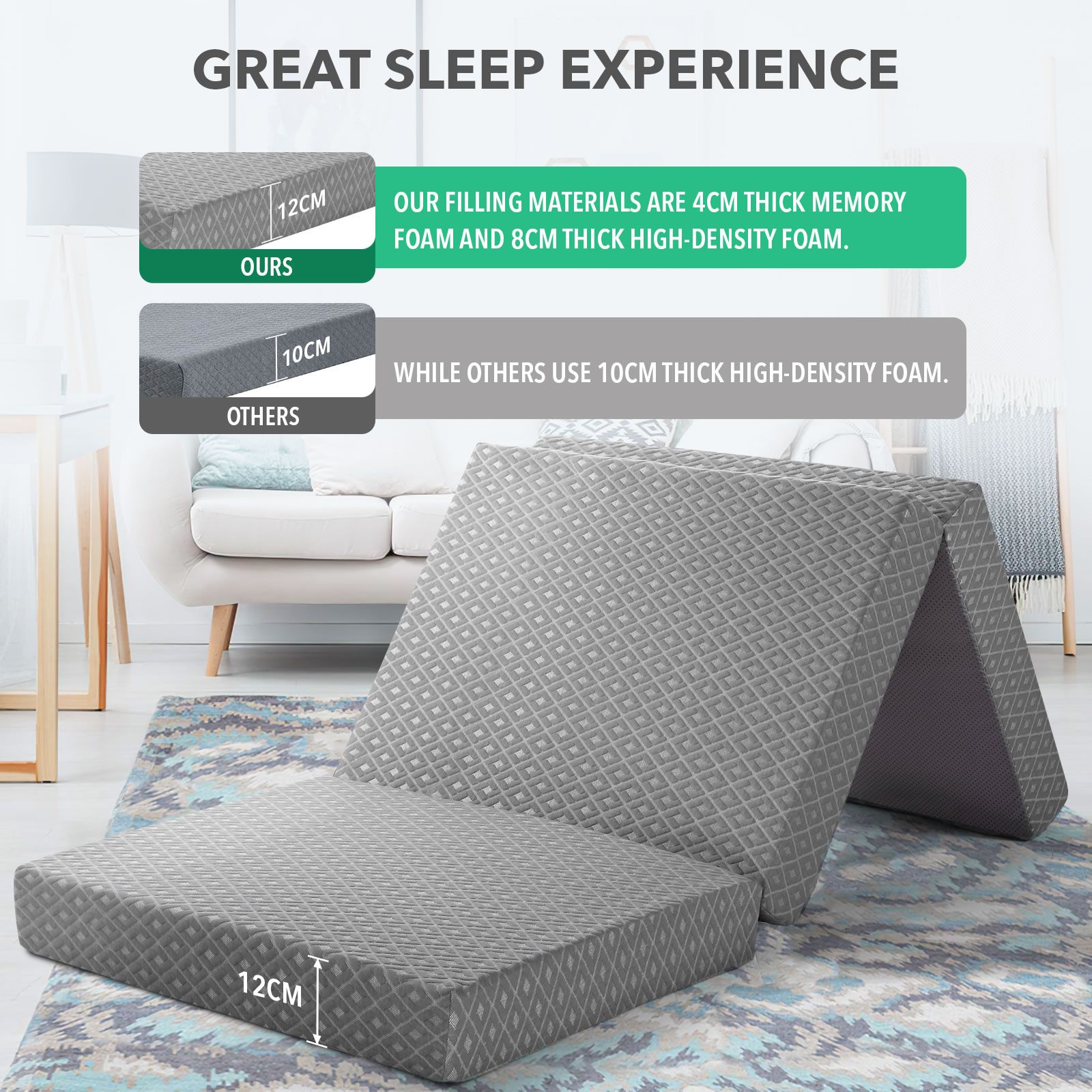 Trifold Foam Mattress Foldable Sofa Bed Camping Floor Portable Sleeping