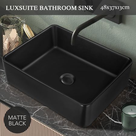 Black Bathroom Sink Vessel Wash Washing Basin Vanity Above Counter Hand Toilet Bowl Countertop Modern Bath Ceramic Rectangle 