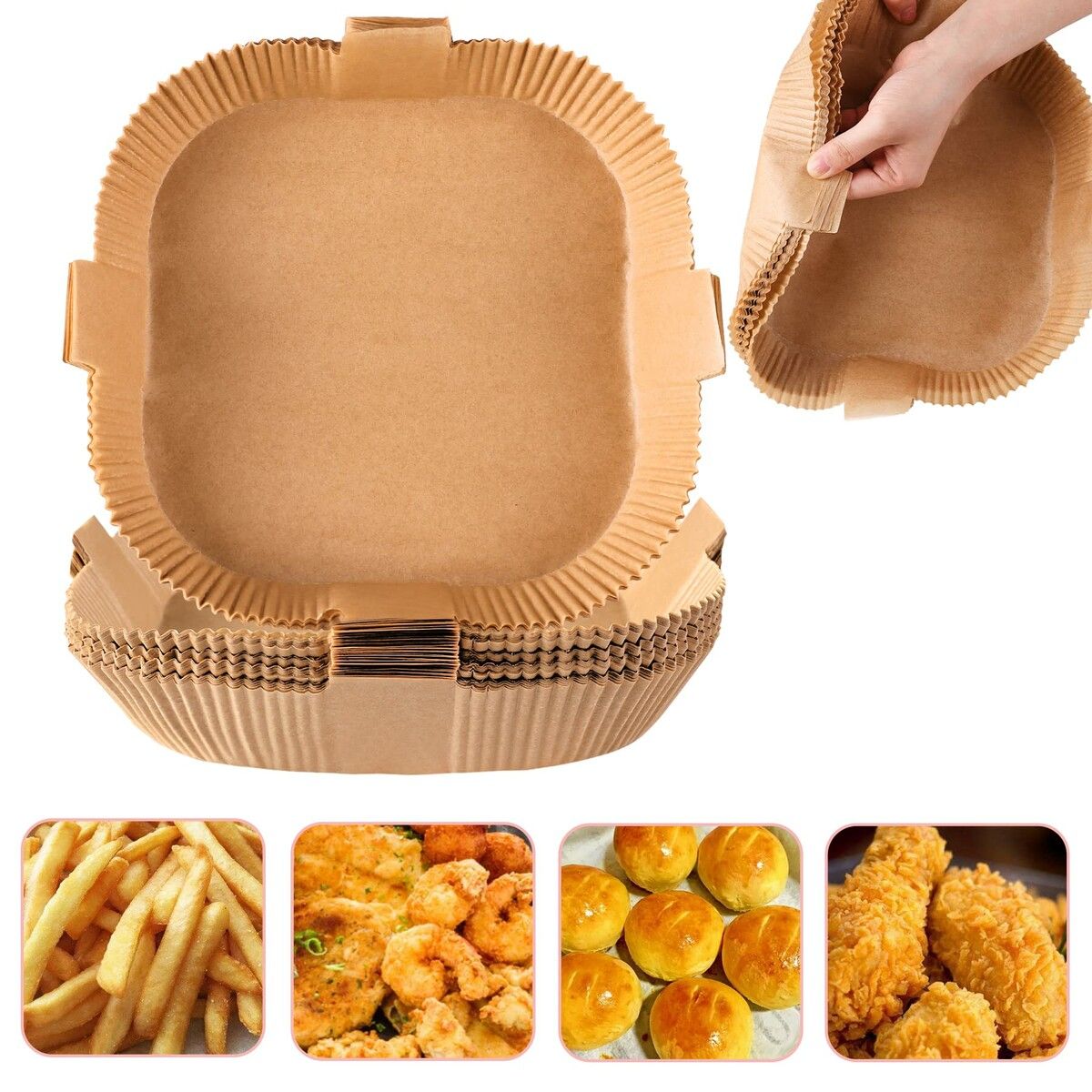 20cm 100Pcs Air Fryer Disposable Paper Liner With handle Easy take out, Water-proof, Oil-proof, Non-stick, Parchment Paper for Baking