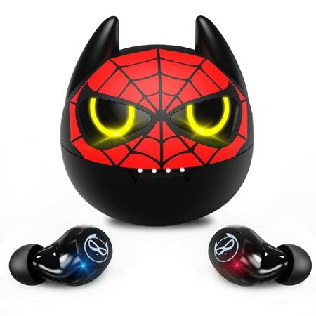 Wireless Earbuds, Touch Control Headset Stereo Sound in-Ear Wireless Earpiece, Bluetooth Earphones with Red Cartoon Charging Case(Bat)